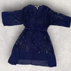 Halston Heritage Blue V-Neck Half Sleeve Sequin Dress Belted Large